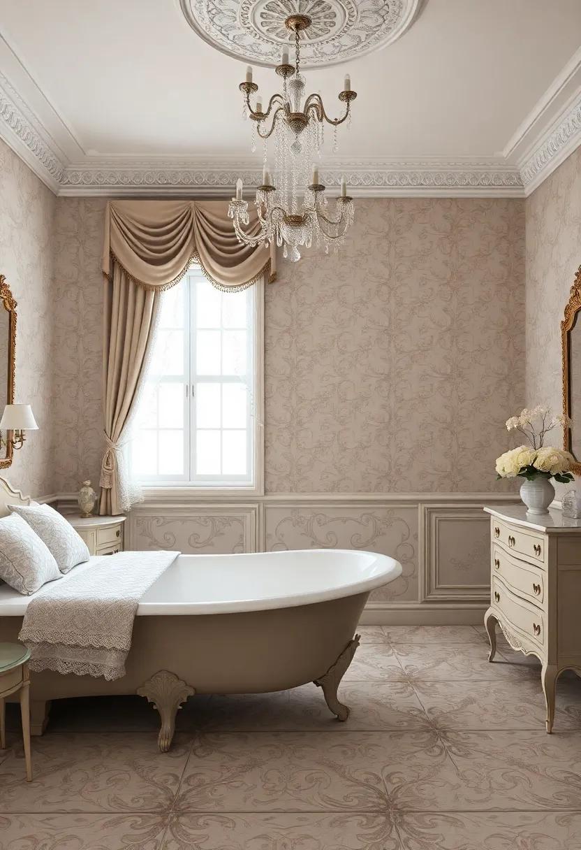 A romantic Victorian bedroom with antique furniture, lace textiles, and an ensuite framed with handcrafted tilework and a clawfoot tub