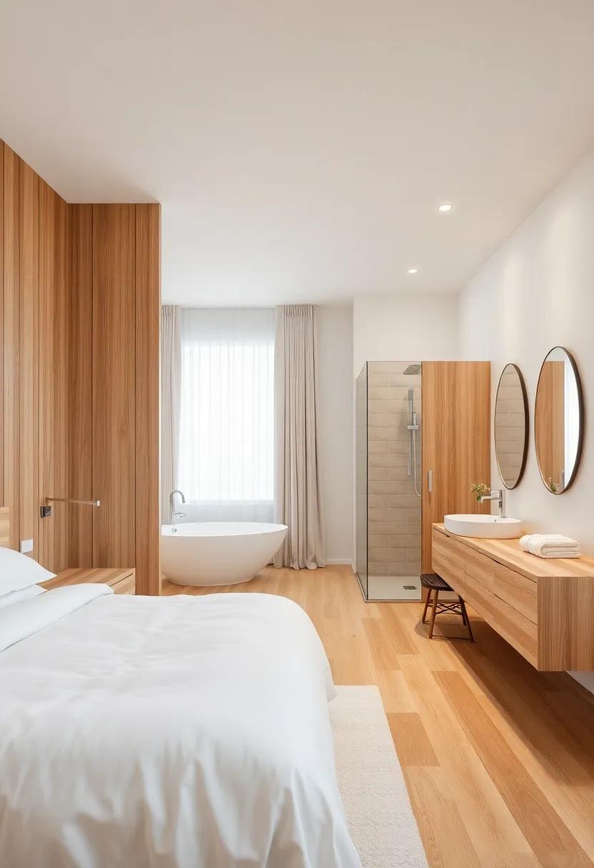 A Scandinavian-style bedroom characterized by its light color palette and natural wood, accompanied by a clean and functional ensuite with a large walk-in shower