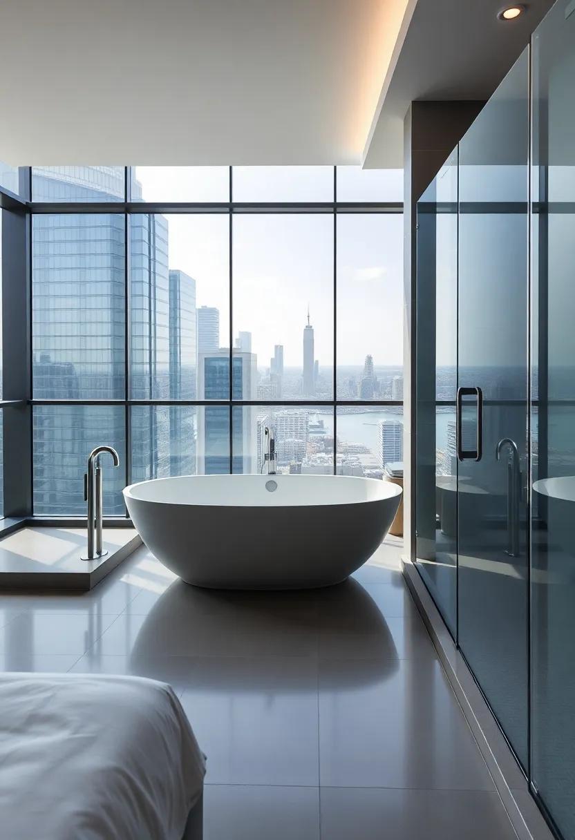 A sleek urban penthouse bedroom with panoramic city views and an ensuite boasting a modern infinity-edge bathtub and frameless glass shower