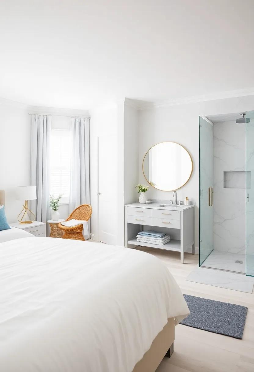 A timeless coastal-inspired bedroom decorated in soft blues and whites, paired with an ensuite that includes a marble vanity and a spa-like walk-in shower