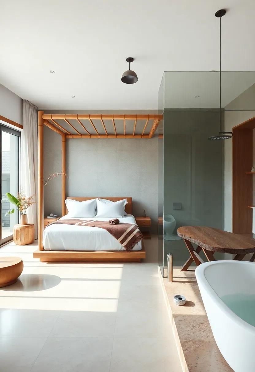 A tropical oasis featuring bamboo decor, a king-sized canopy bed, and an ensuite bathroom with an open-air rain shower and natural stone elements