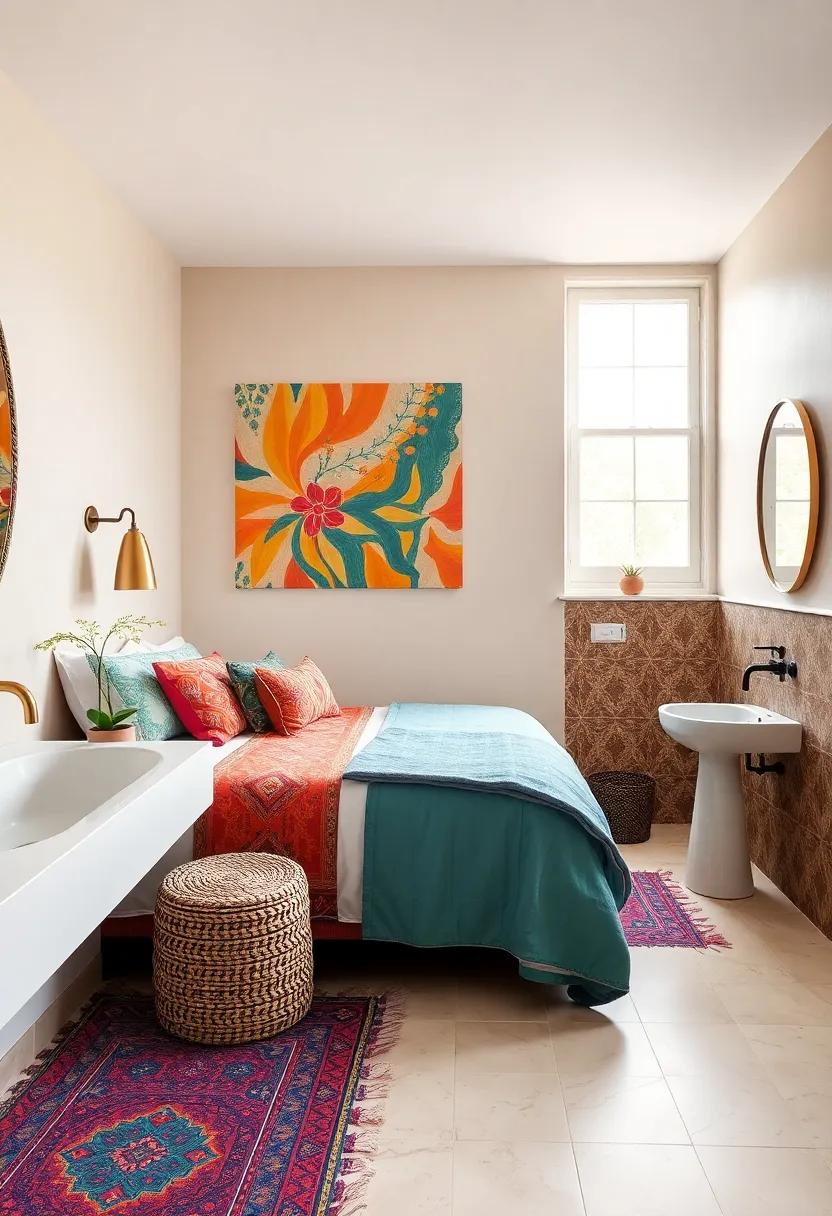 A vibrant bohemian bedroom bursting with eclectic textiles and patterns, paired with an ensuite featuring colorful tiles and unique artisan fixtures