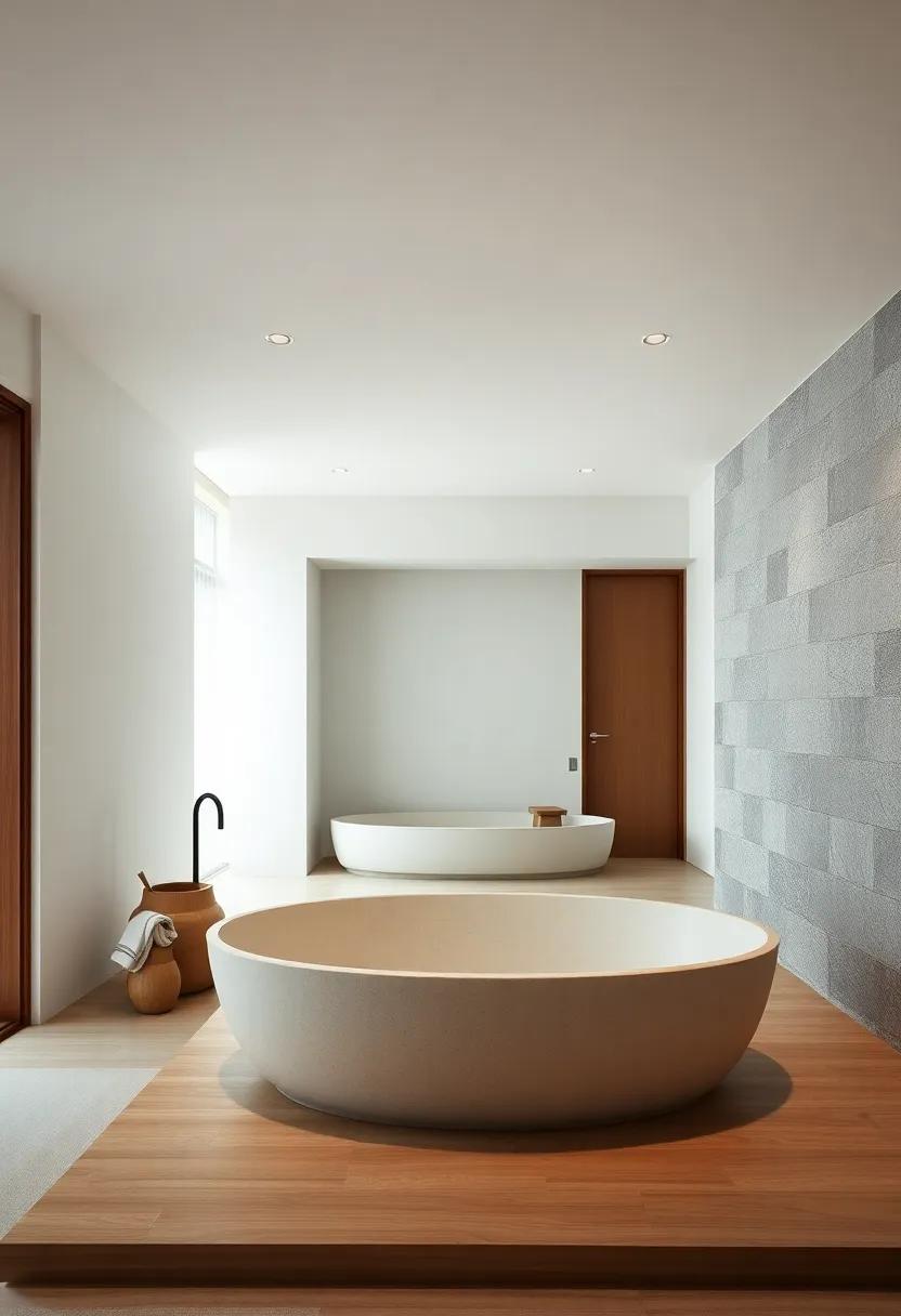A Zen-inspired Japanese bedroom emphasizing simplicity and balance, with an ensuite that includes a deep ofuro soaking tub and natural stone walls