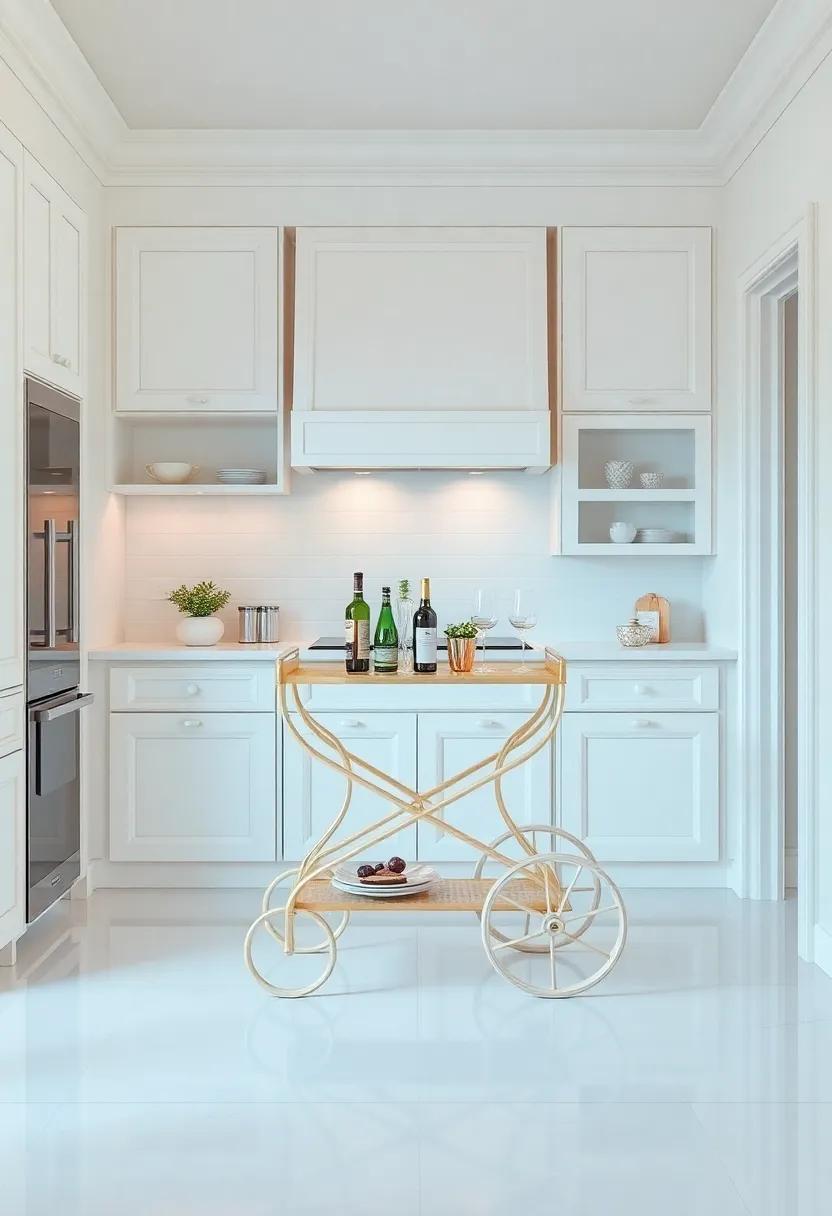 Classic Bar Cart: A chic bar cart in pearl tones offers ​a stylish yet functional addition, perfect for entertaining in grand style