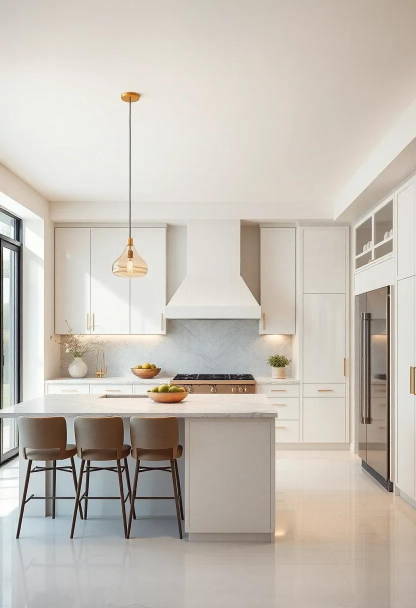 Elegant⁤ Pendant ‌Lighting: Soft-glowing pendant lights with​ a brushed gold finish cast enchanting shadows in ivory-hued⁣ spaces, ‌enhancing​ the kitchen’s warmth