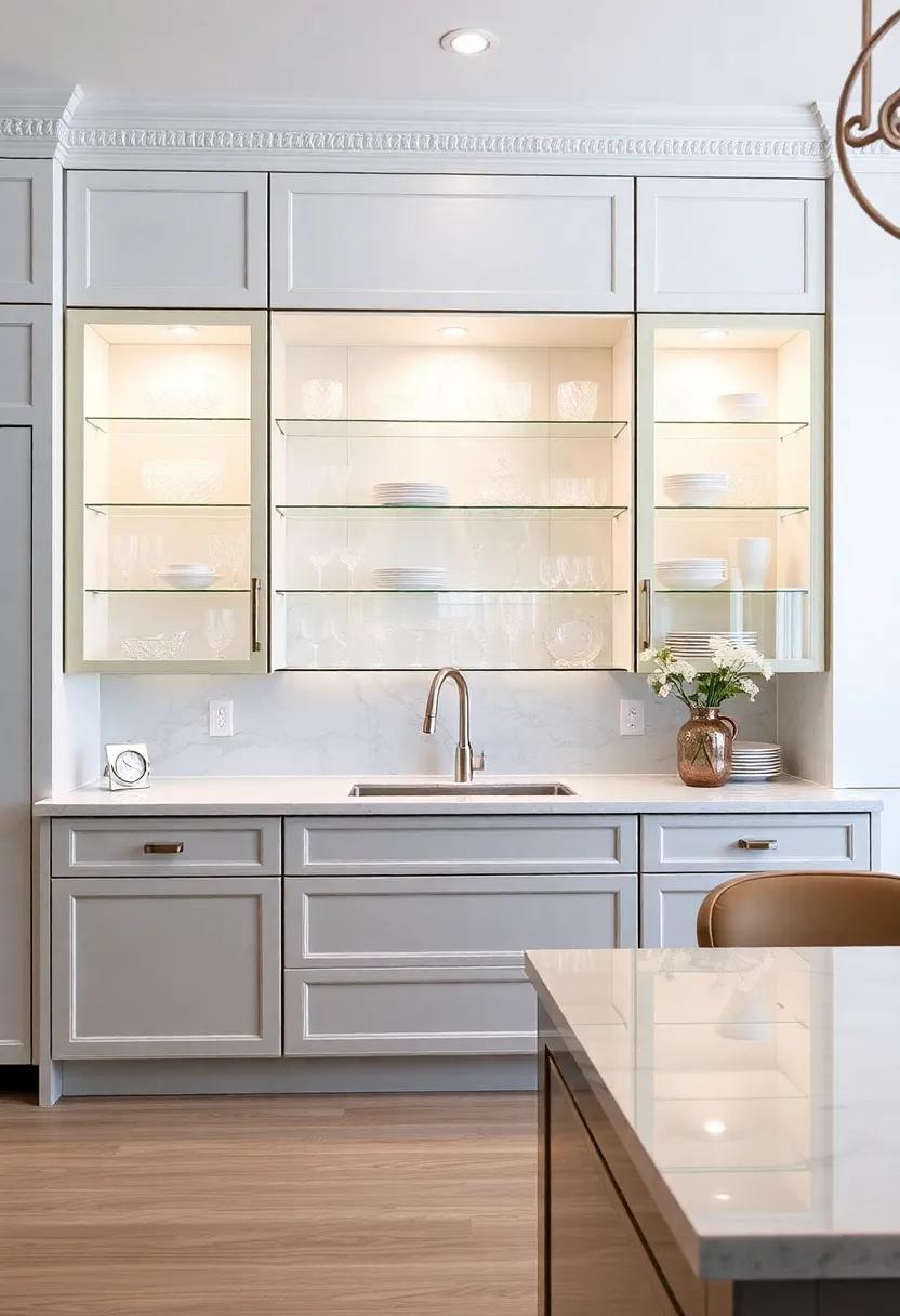 Elegant Glassware Display: Stylish glass-fronted cabinets showcase crystal and fine china, reflecting the ⁢light​ and enhancing the room's luxury