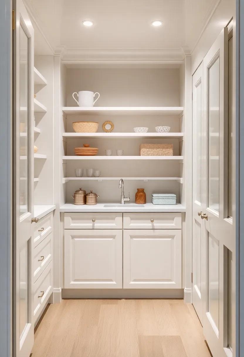 Gracious​ Pantry: A ⁤walk-in pantry with ivory shelving offers a sense ⁢of space and organization,beautifully concealed behind elegant ​doors