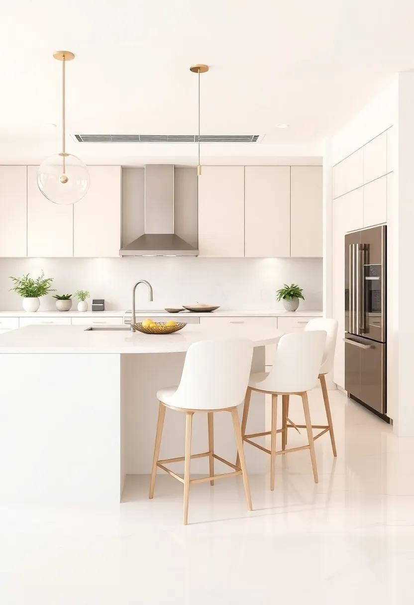 Integrated Seating: Smooth, ivory-upholstered⁤ bar stools at the kitchen island provide ⁤comfortable seating options without disrupting the visual balance