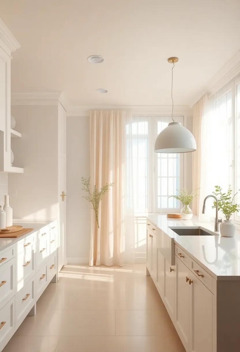 Natural Light: Large windows dressed in airy sheer curtains embrace sunlight, illuminating the delicate ivory and pearl tones for a ⁤bright, welcoming​ ambiance