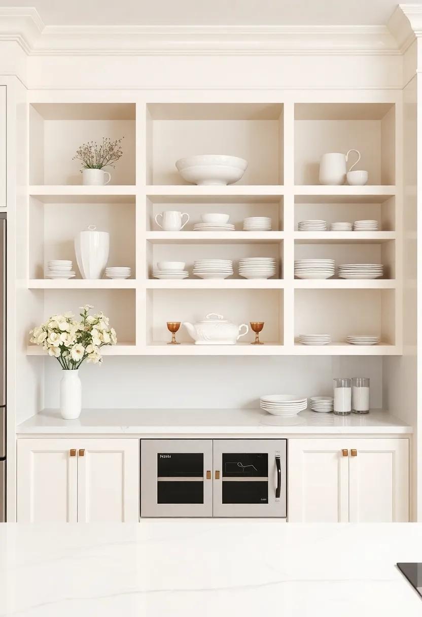 Open Shelving: Open shelves painted in soft ivory display elegant dishware and decor, offering both ⁢storage ⁤and a showcase of style