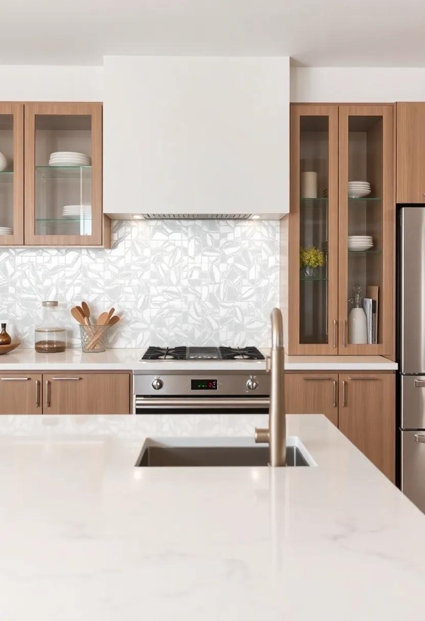 Pearlescent Backsplash: A shimmering backsplash made ⁢of mother-of-pearl tiles adds a touch of⁤ luxury⁢ and depth, reflecting​ light in a captivating dance