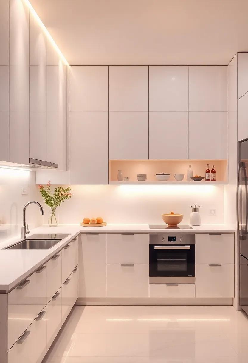 soft Glow of Under-Cabinet Lighting: Hidden LED strips beneath cabinets create ambient lighting that​ enhances the kitchen's softness, perfect for ⁢evening meals