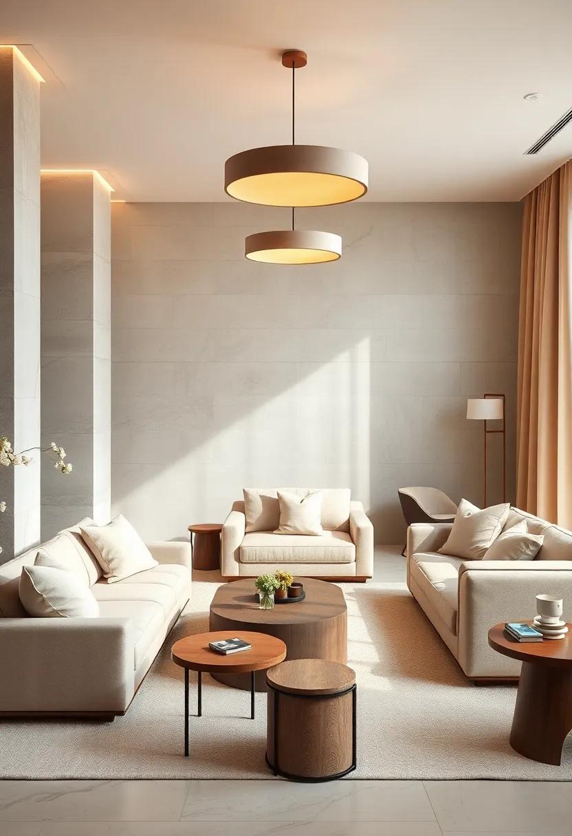Sculptural Lighting ​Fixtures⁢ Casting Ambient Warmth over Cascading⁢ Beige Fabrics in ⁣Intimate⁣ Lounge Areas