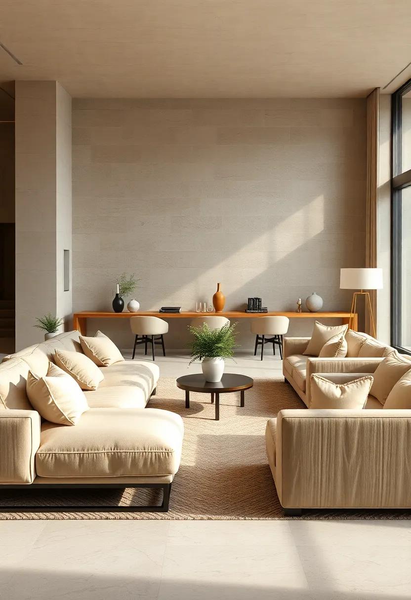 The Cozy‌ Invitation of ​Beige Velvet⁢ Cushions Against⁤ Sleek, Angular ‍Furniture in ‍High-End⁤ Minimalist Lounges