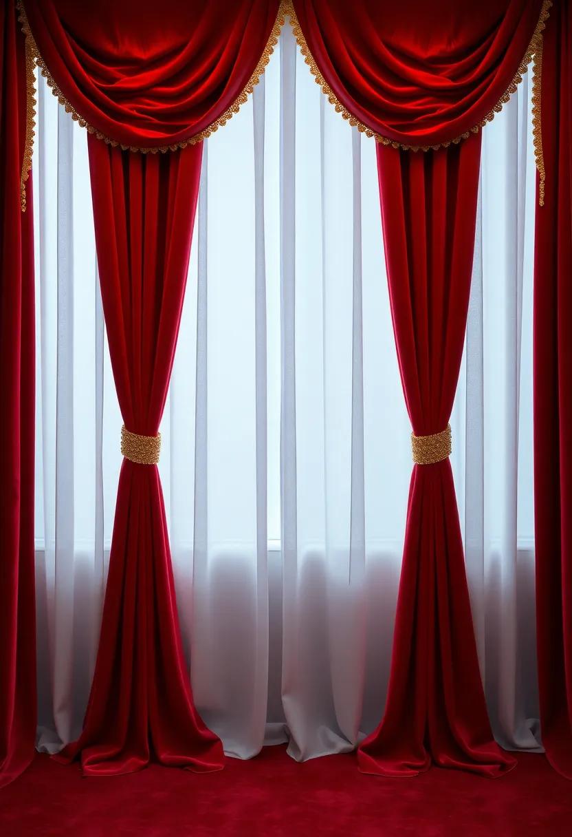 Festive Red Velvet: Luxurious red velvet drapes embellished with golden trim​ provide a rich, holiday touch suitable for any festive gathering