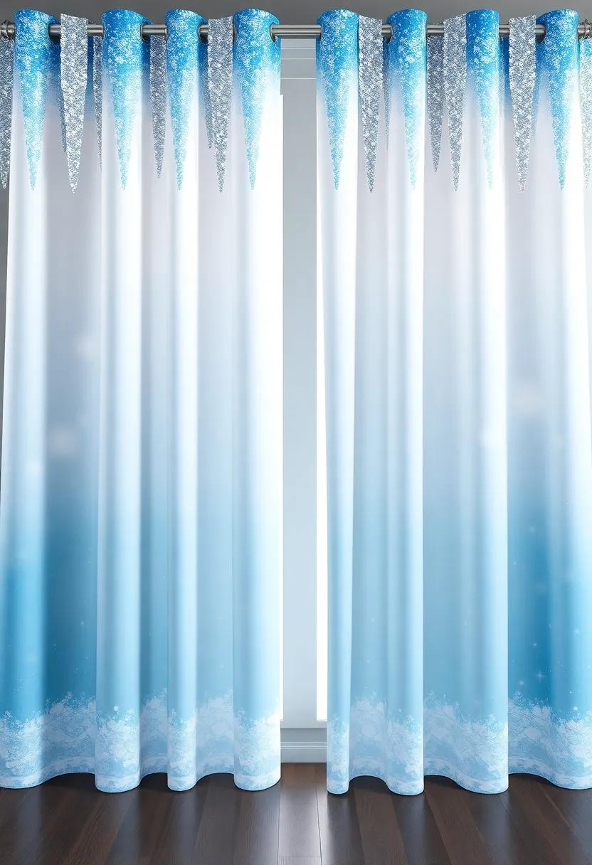 Sparkling Icicles: inspired by frosty winter days, these curtains exhibit a stunning gradient of icy blues and whites, crowned with dazzling glittery icicle accents