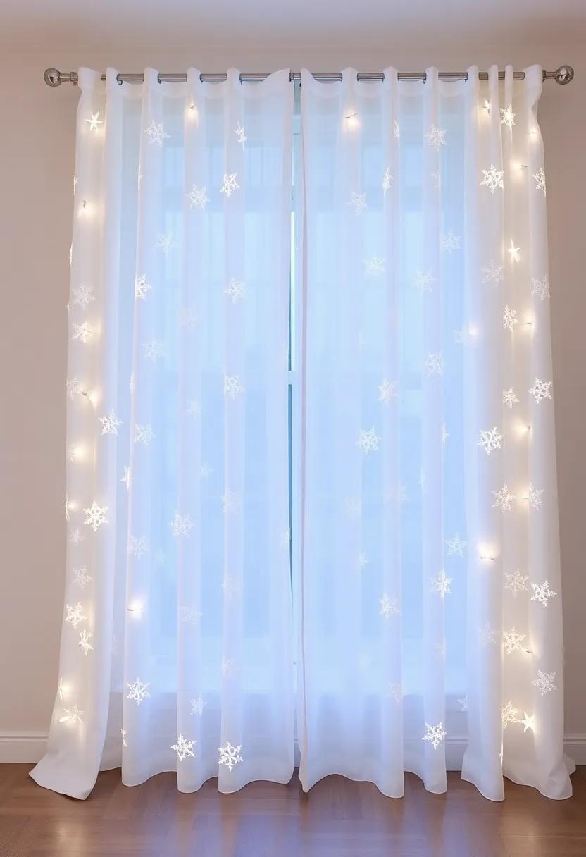 Twinkling Snowflakes: These ‌sheer white curtains are adorned with shimmering silver snowflakes, perfect for an‍ elegant winter wonderland vibe