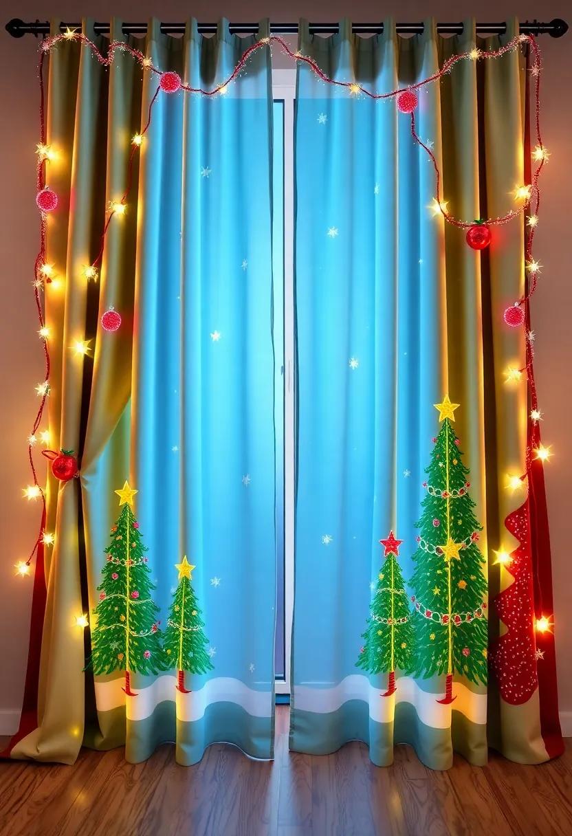 Whimsical Christmas Trees: Cheerful curtains featuring playful, multi-colored christmas trees add a fun and festive flair to your holiday décor