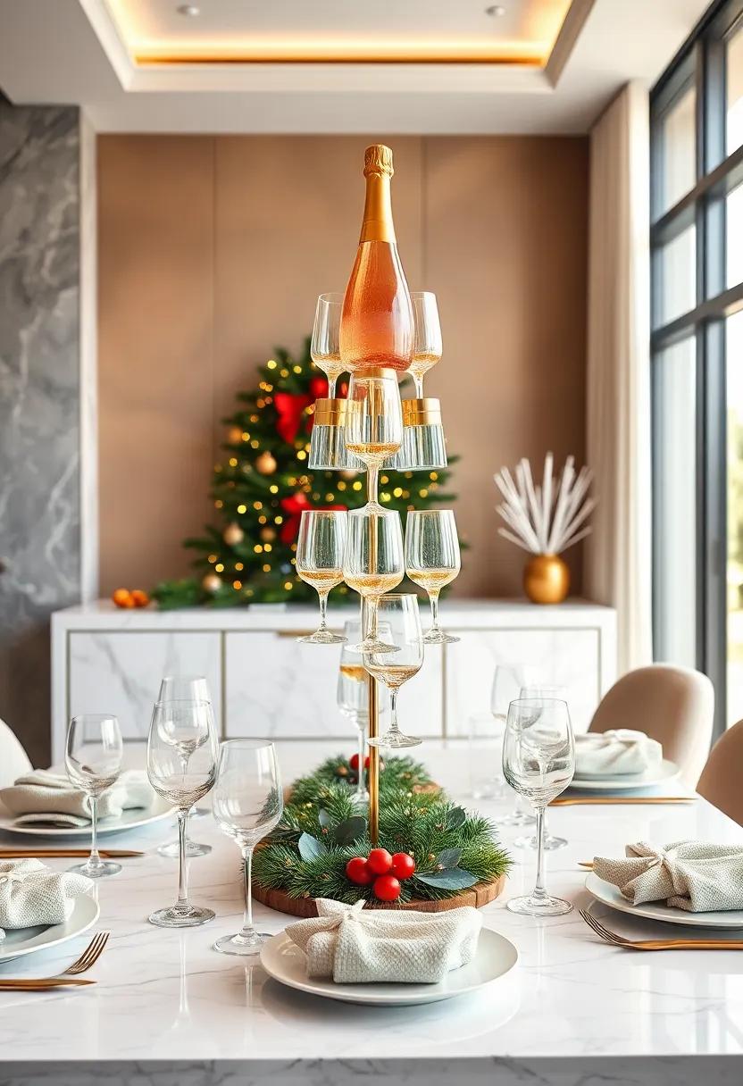 Handcrafted Gold Leaf Printed ​Menu Cards Resting​ Next‌ to Champagne ⁣Flutes ‌Filled With Bubbly for Gourmet Festivities