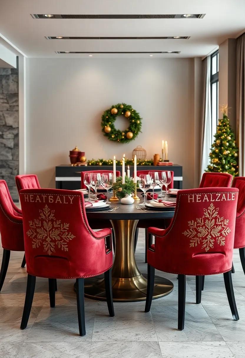 Velvet Upholstered Chairs with Custom Gold Embroidered ⁣Cushions Surrounding an Intimate Holiday Feast Setup