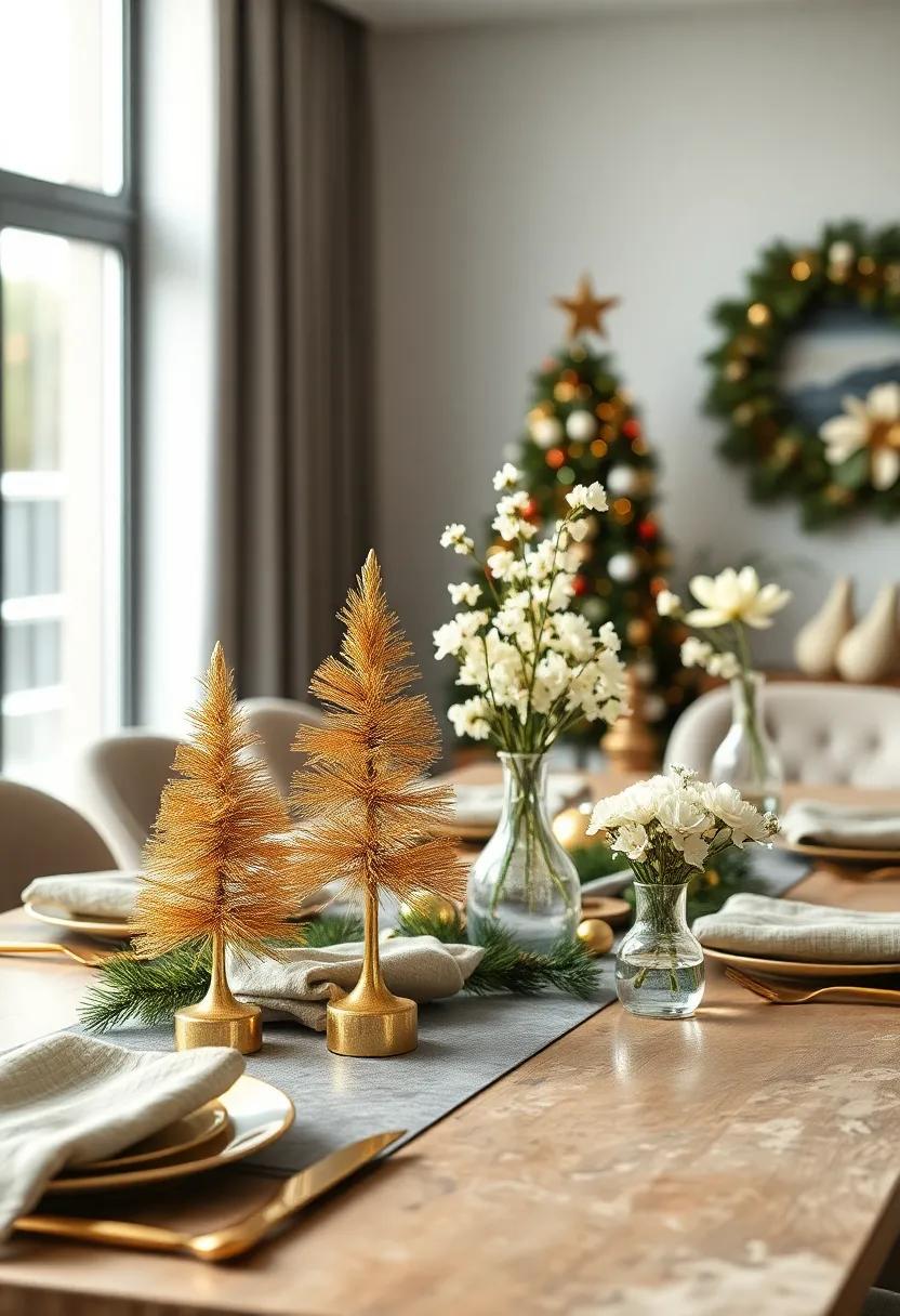 Mini Sculptural Gold Trees Paired With Delicate⁢ White Flowers in ⁣Clear⁢ Glass Vases for a Modern Holiday table
