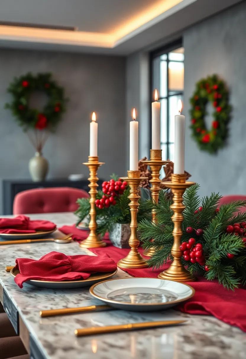 A Festive Centerpiece Featuring opulent Golden Candlesticks Paired With Fresh Seasonal Greenery and ⁣Red ⁣Berries