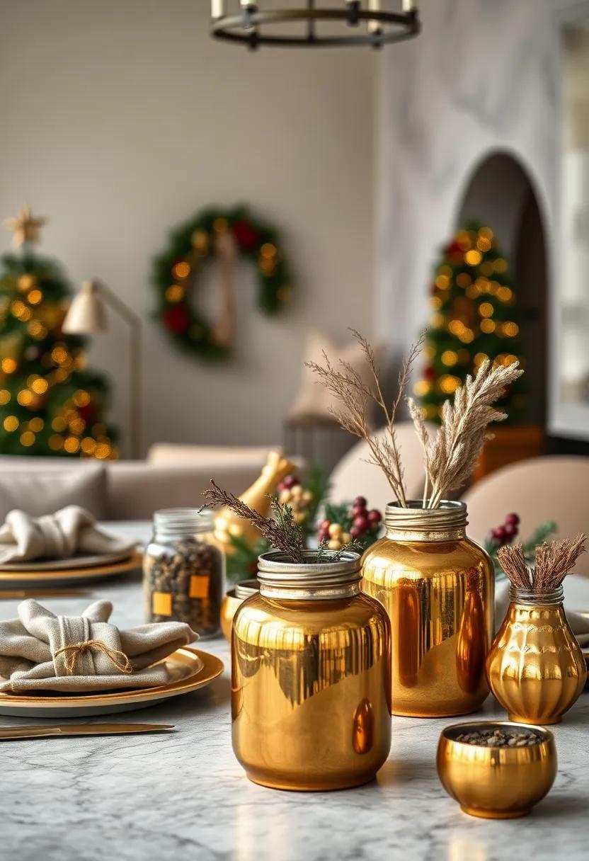 A selection of Gold Jars Filled With Spices and Dried Herbs as ‌Functional and decorative‌ Elements on‌ the Festive ⁣Table