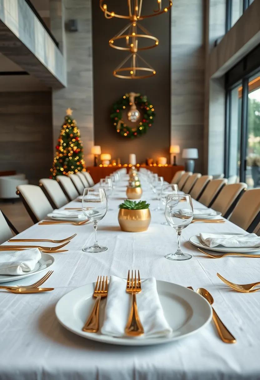 A Symmetrical Table⁢ Layout Showcasing Gold Flatware Resting⁤ on Textured White Linens for​ Timeless Holiday Sophistication