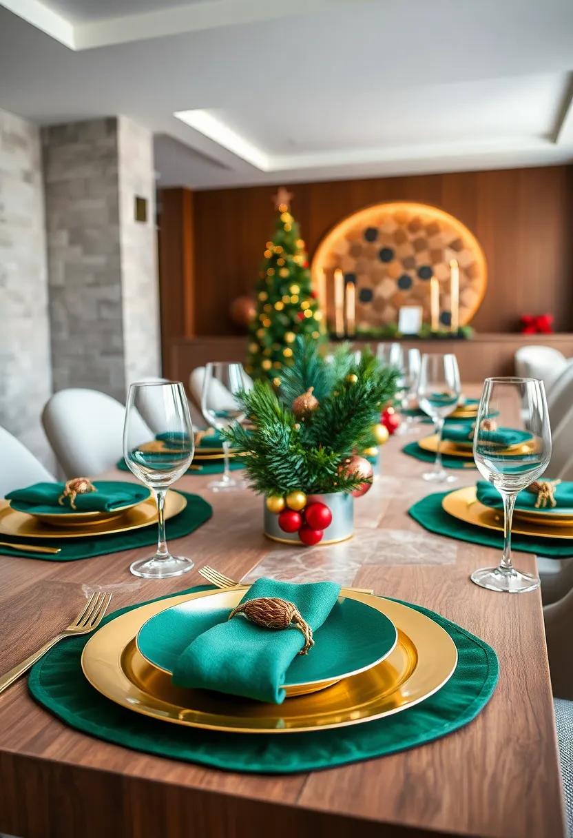 Gilded charger Plates Mixed With Deep Green Velvet Placemats Creating a Rich Contrast That Embodies Festive luxury