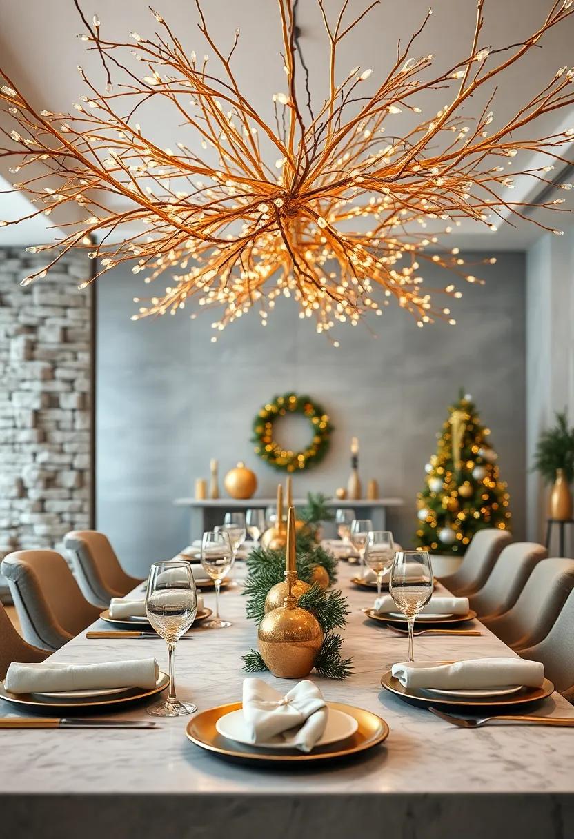 metallic Gold Spray-Painted Branches intertwined ⁤With Fairy ‌Lights to Create ‌an Ethereal Overhead Canopy