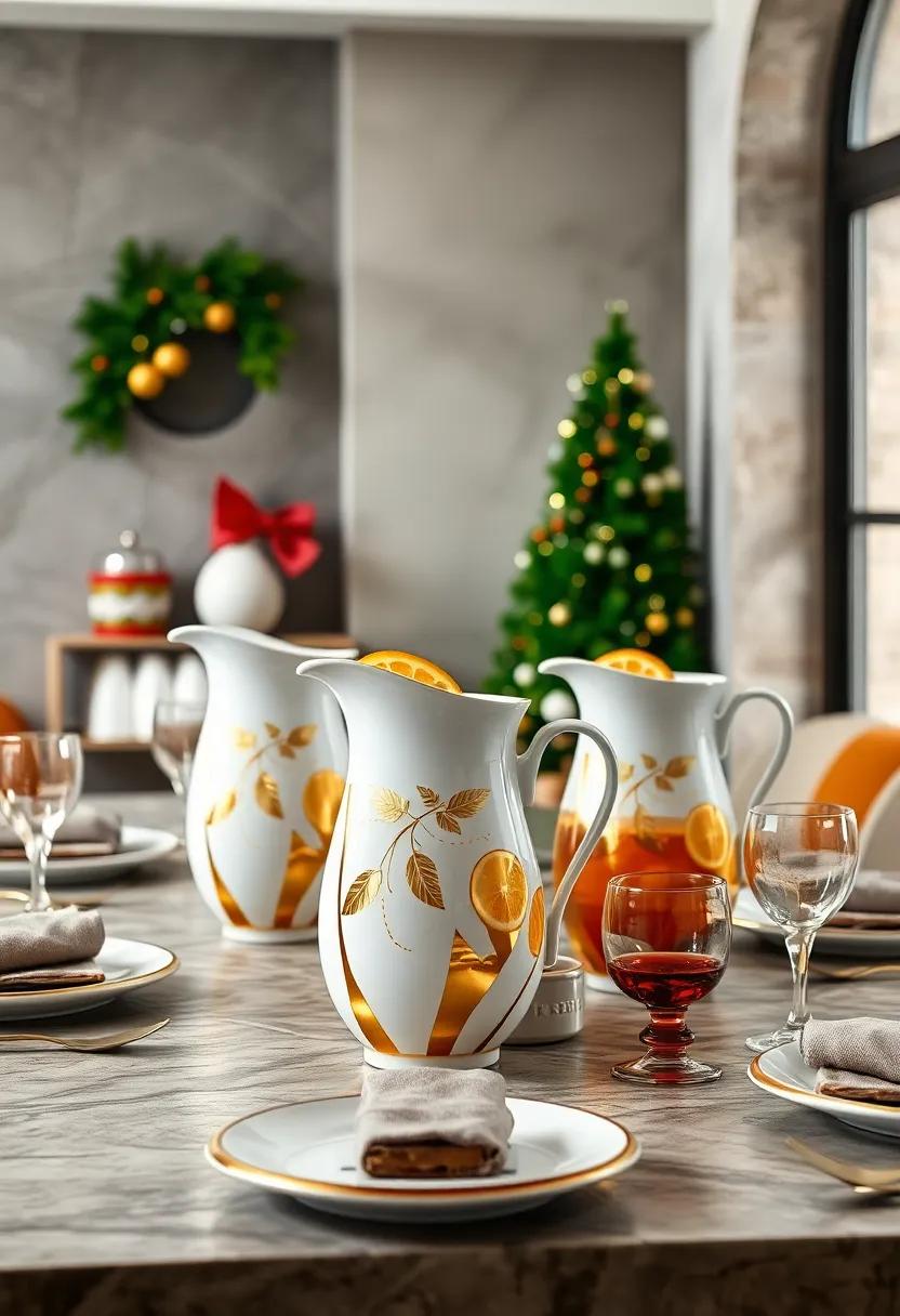 An arranged Display ‍of ⁣Hand-Painted Gold and ‍White Porcelain Pitchers ‍Filled ‌With ‌Holiday Punch and Citrus⁤ Slices