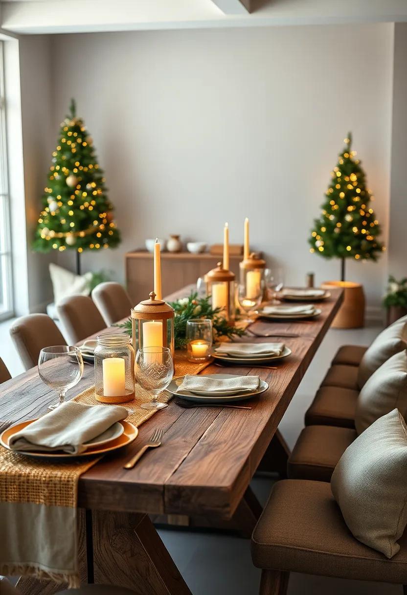 Rustic ⁤Wood Tablescape ​Adorned With Shimmering Gold Mesh runners and Soft Flickering Lanterns ⁢for warm Winter Gatherings