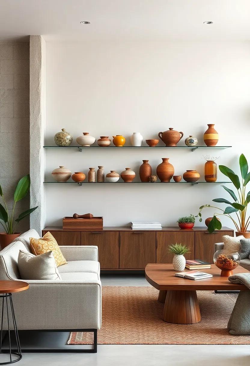 Featuring Handcrafted Vintage Ceramics on Sleek Glass Shelves for an Elegant Display Balance