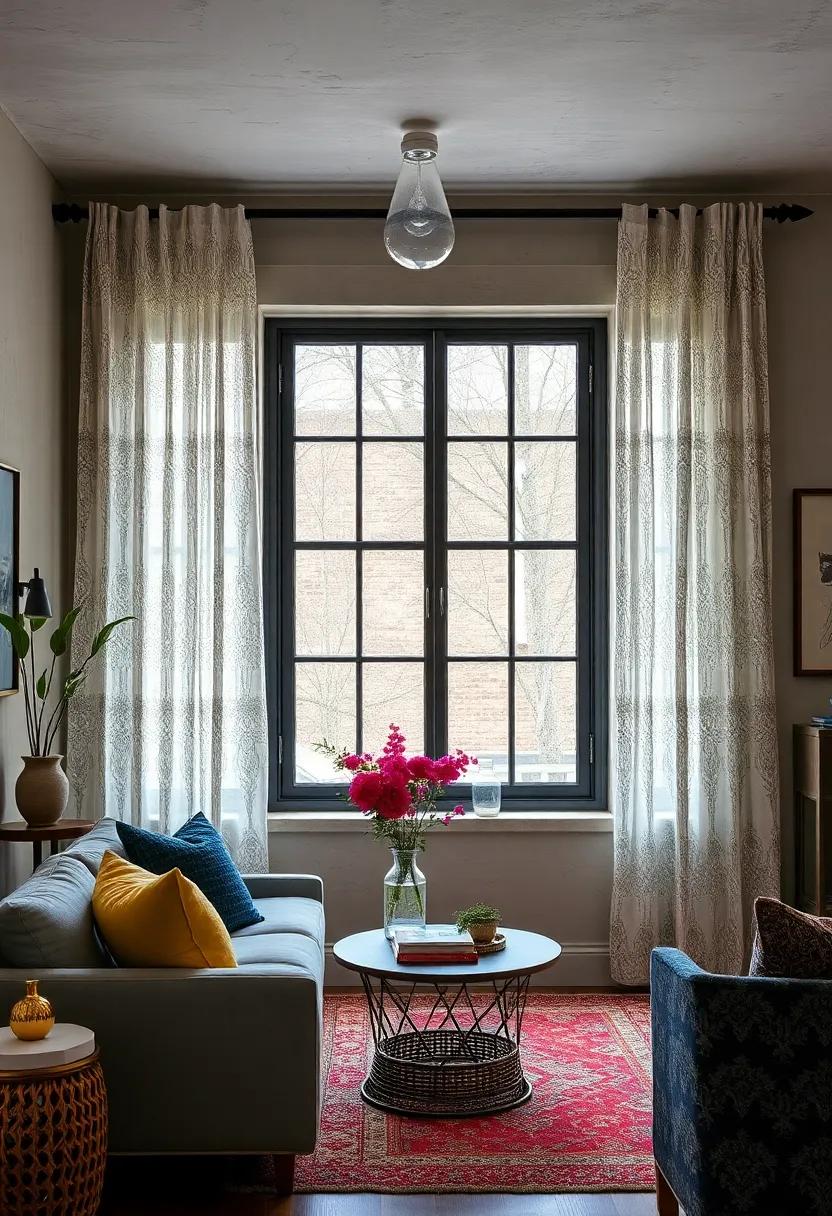 Layering Intricate Lace Curtains Over Industrial Metal Window Frames for Unexpected Style Fusion