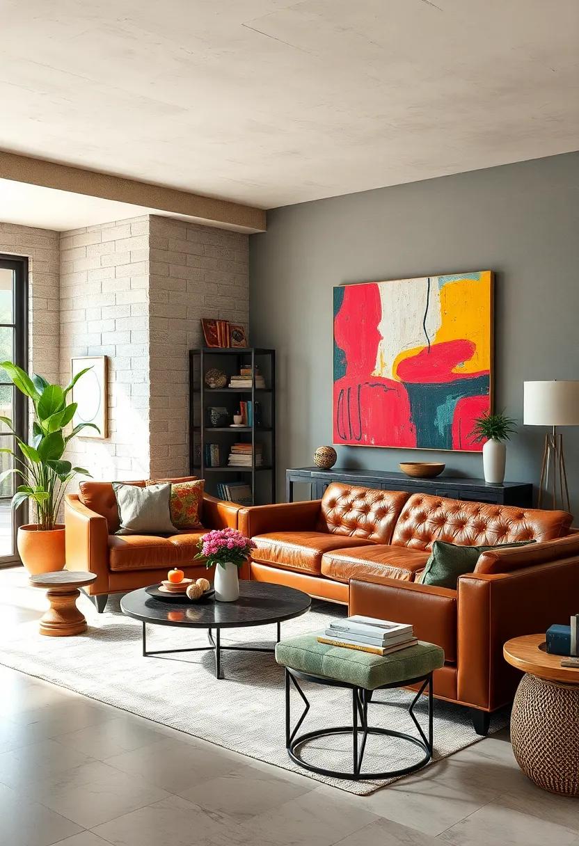 Mixing Worn Leather Sofas with Bright Abstract Canvas Art for a Bold Living Room Statement