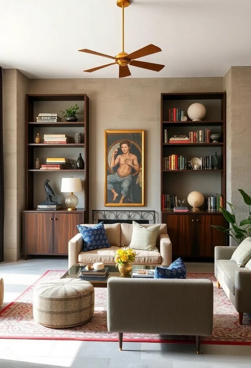 Showcasing timeless Vintage Bookshelves with Abstract Sculptures for an Intellectual Vibe