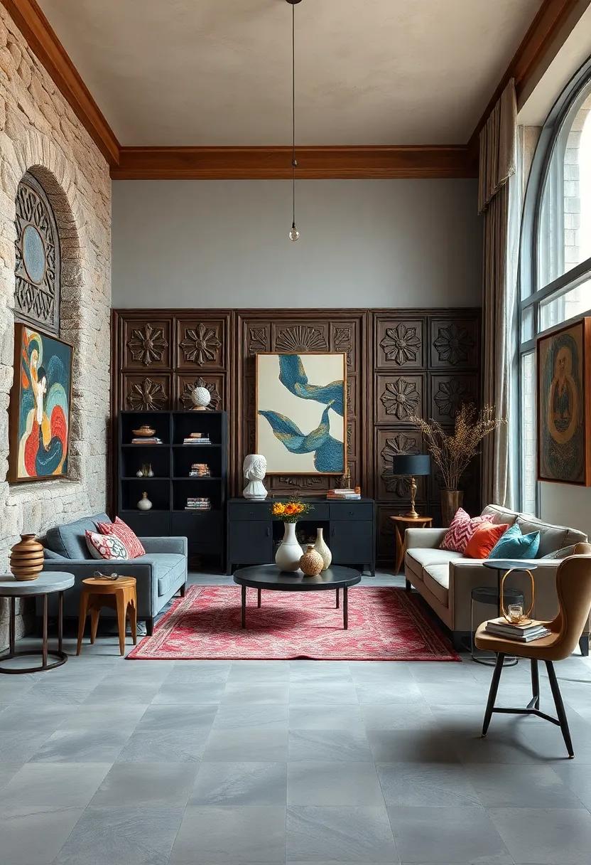 Balancing Intricate Carved Wood Panels with Smooth Concrete Flooring in an Eclectic Interior