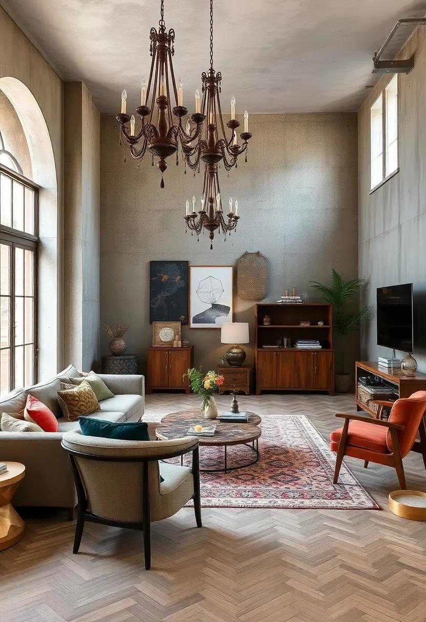 Blending Ornate Chandeliers with Raw Concrete Walls to Create a Bold Eclectic Contrast