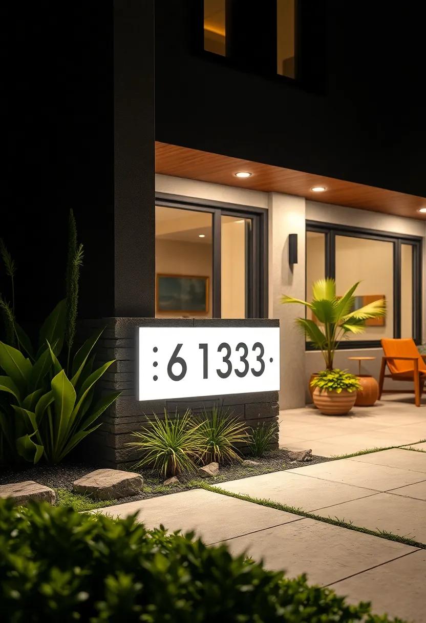 A Modern​ Minimalist⁢ Address ⁣Plaque⁢ Highlighted by ⁤Cool White LED Light Against a Dark Facade