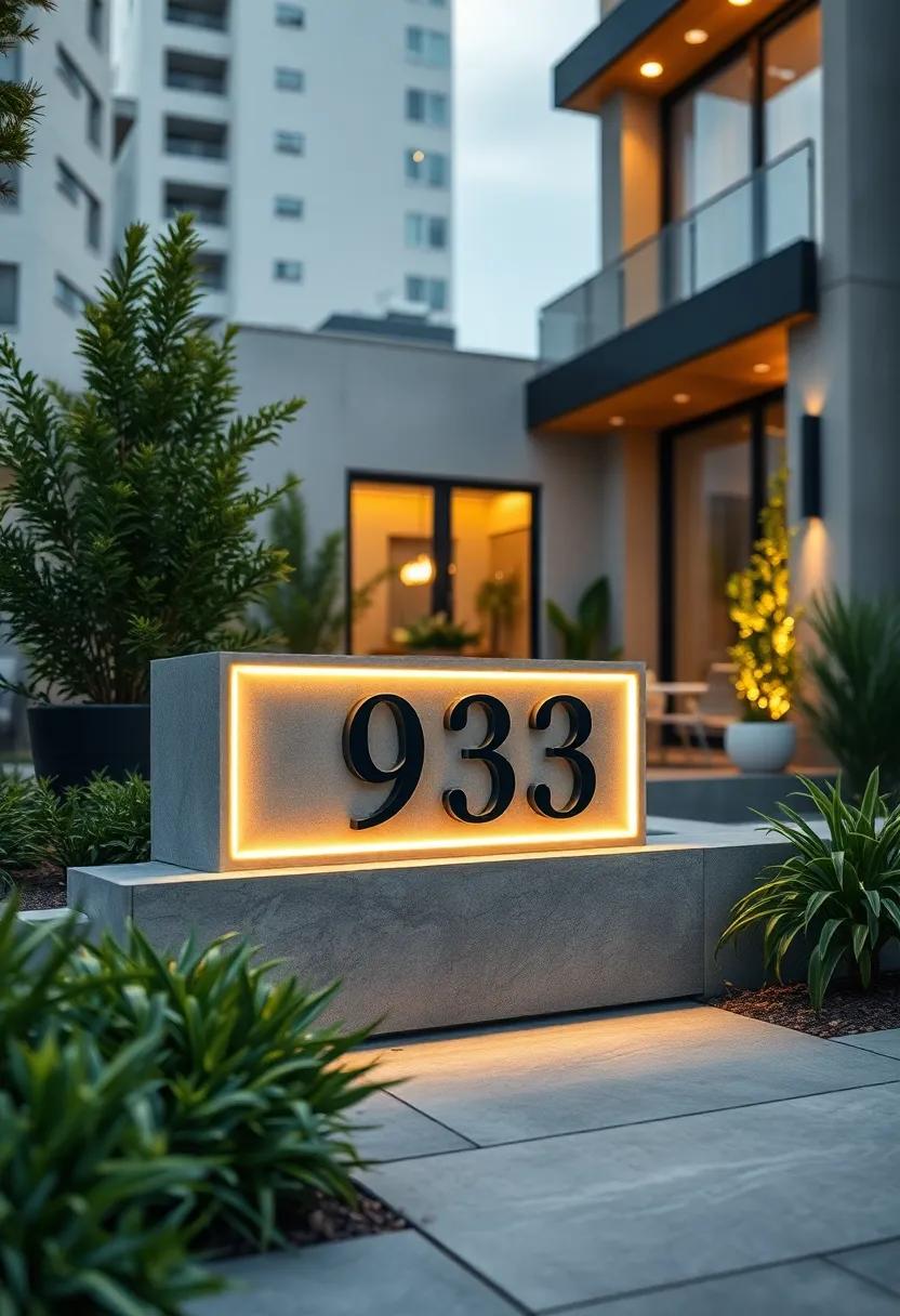 Contemporary Concrete‍ Address plaque with‌ Crisp LED⁢ Edges⁢ Framing Crisp House Numbers in Urban Settings
