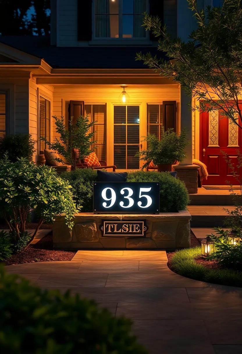 A Nighttime Scene with a ⁢Vibrant Illuminated Address Plaque Surrounded‍ by Soft Shrubbery Lighting