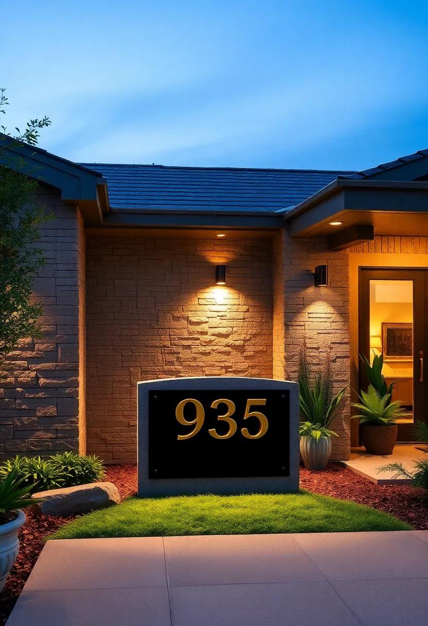 rustic ⁤wooden Address Plaque⁤ with ​Warm ⁤Amber ⁤Lights Blending Natural Charm ‍and Functionality