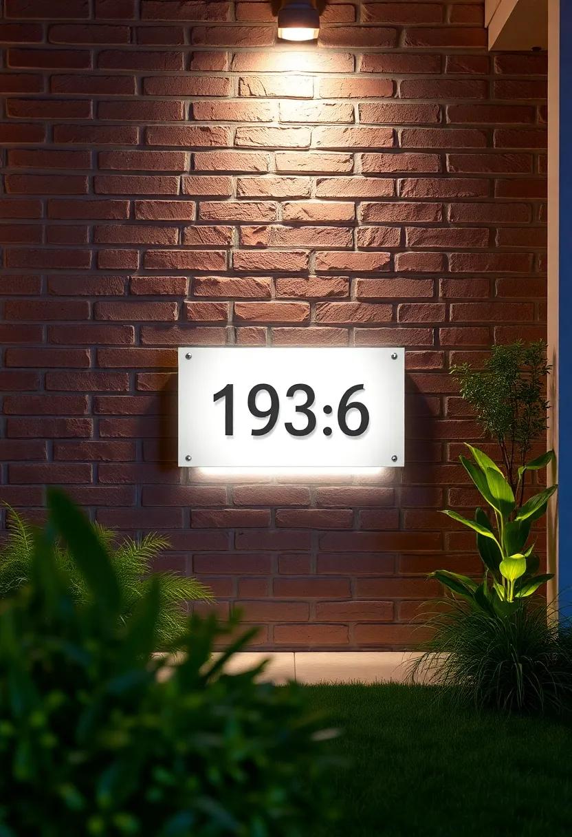 clean Lines⁢ of a Floating Address ‌Plaque ⁤Backlit by subtle​ LED Highlights on a Painted⁢ Brick Wall