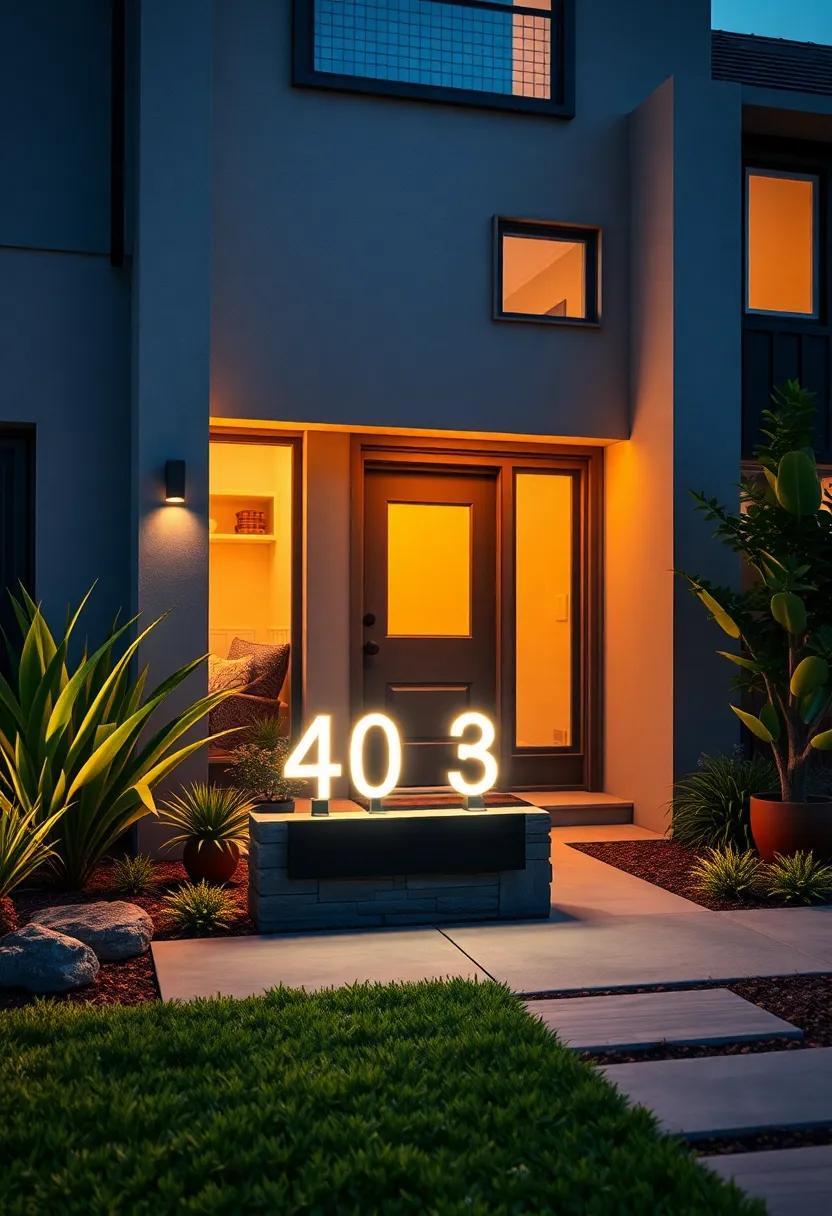Softly Radiant Neon‌ Address Plaque Creating a Playful and Inviting facade‌ in a Modern Neighborhood
