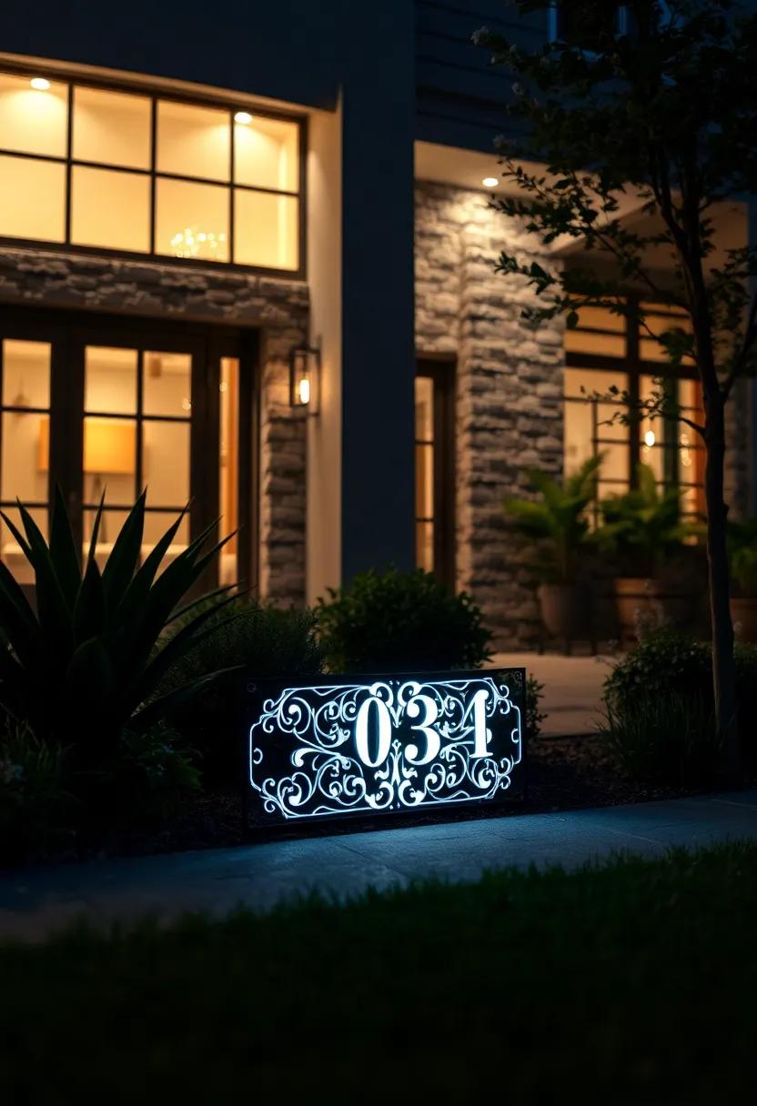 Intricately Cut Laser⁢ Filigree Address Plaque with Illuminated Details Casting Elegant‌ Shadows at⁢ Night