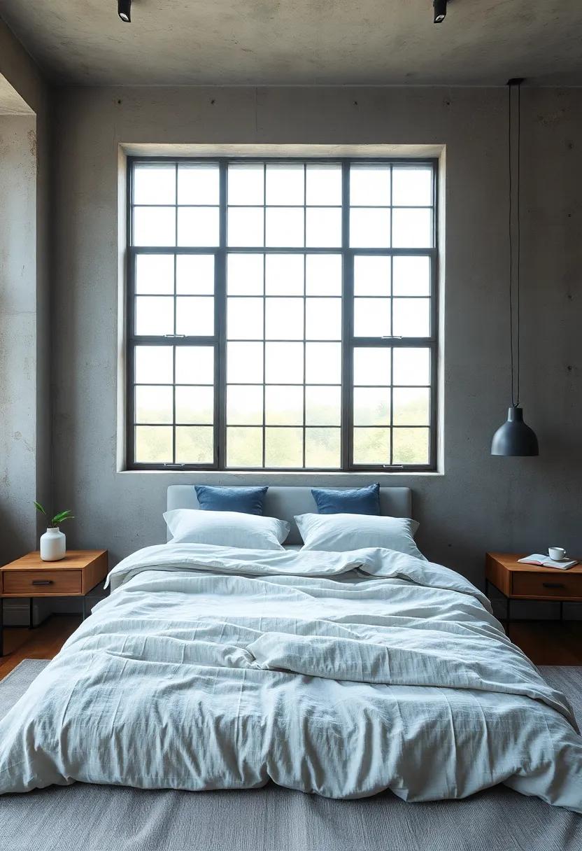 A calming sanctuary with textured ⁢linen‍ bedding and ‌an exposed concrete wall, enhanced by natural light from large factory-style⁣ windows