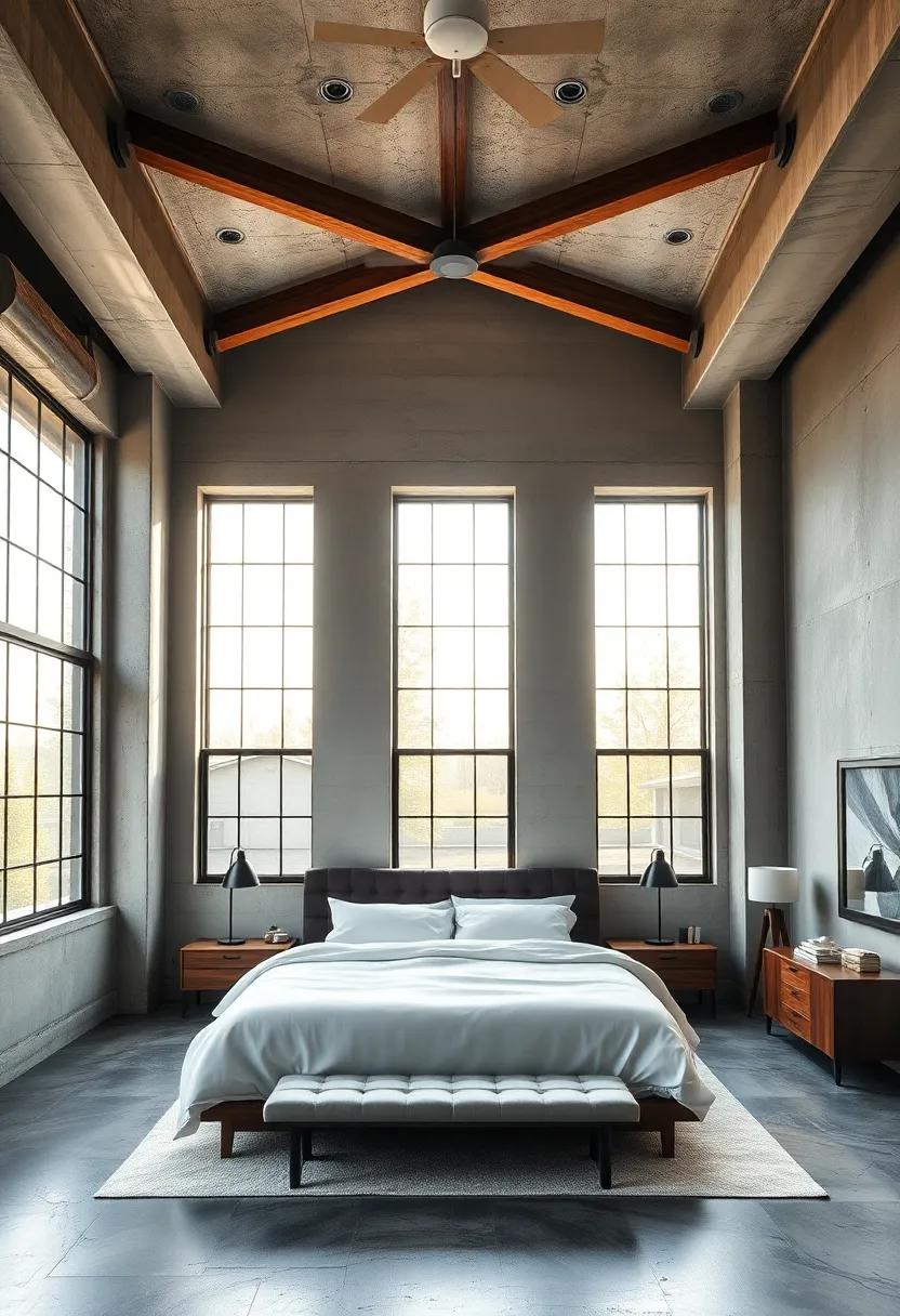 Double-height ⁣ceilings showcasing raw​ concrete and ​timber⁣ beams alongside⁣ expansive industrial windows flooded‍ with afternoon ​light