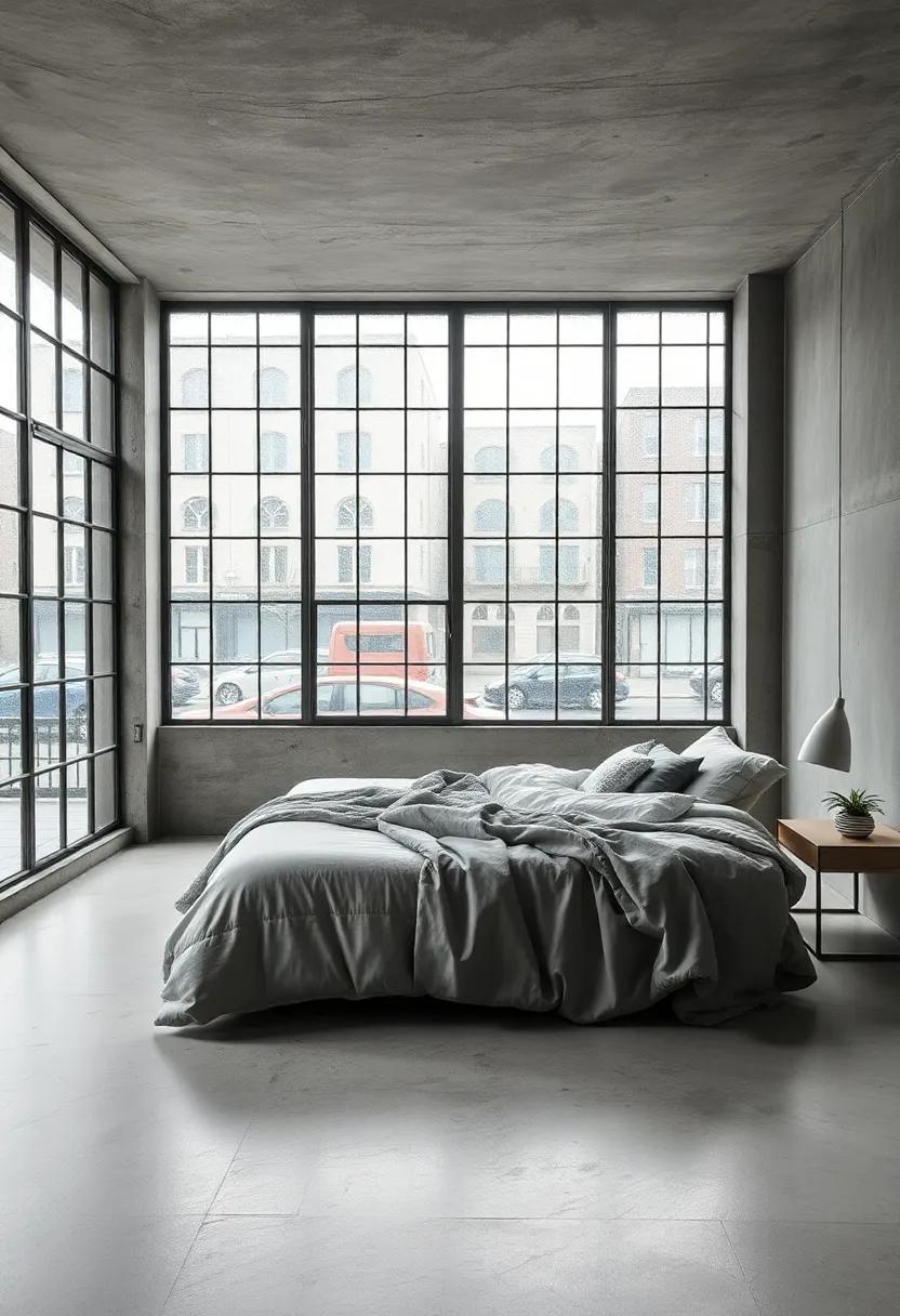 Elegant balance⁤ between rough ⁢concrete ⁤surfaces and soft fabrics inside a spacious​ room with oversized​ grid windows revealing ⁣rain-soaked‌ streets