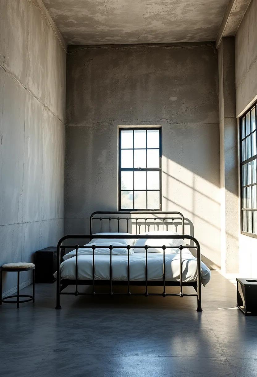 Industrial ​bedroom with textured plaster walls and ​a sculptural metal bed frame, bathed‌ in the crisp ​daylight streaming through ​factory windows