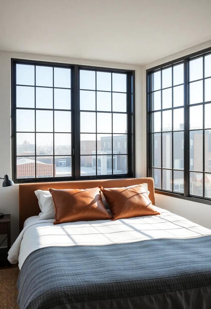 Light-filled‌ bedroom⁢ with rich leather pillows and oversized black-framed windows presenting ⁢sweeping views of a⁢ quiet industrial district